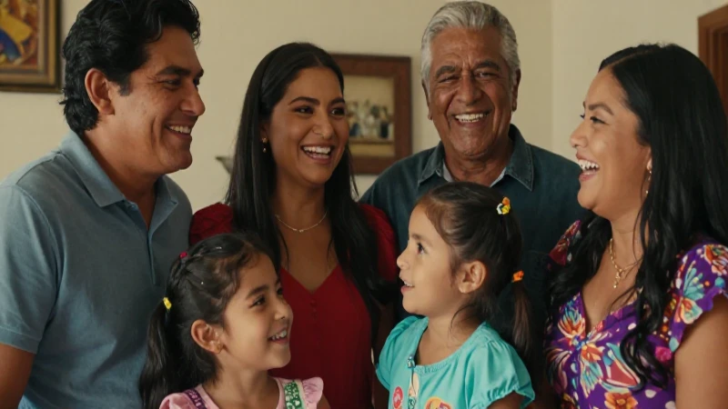 Familia mexicana feliz y colorida en interiores