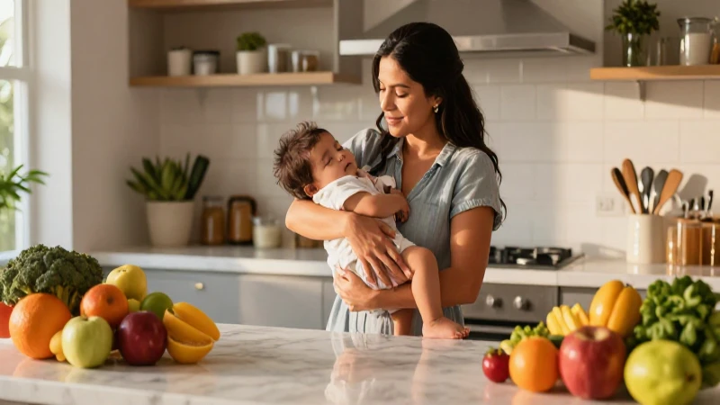 Madre mexicana tierna en cocina moderna y luminosa