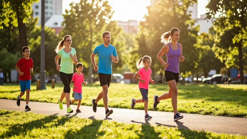 Familia corriendo feliz en parque soleado
