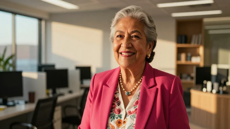 Mujer mexicana feliz en oficina moderna y cálida