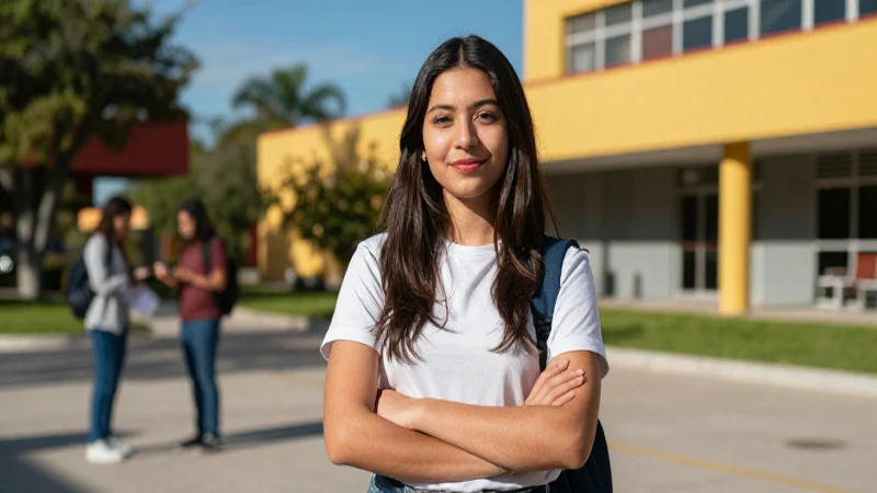Estudiante mexicano sonríe en campus universitario vibrante