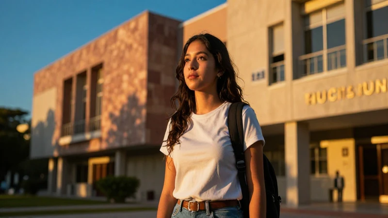 Estudiante mexicano vibrante en campus universitario al atardecer