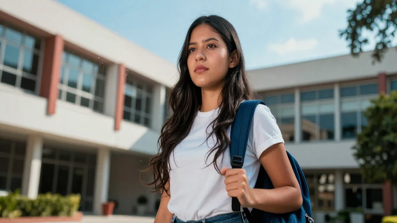 Estudiante mexicana determinada en campus moderno