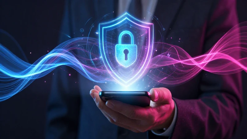 Mano sosteniendo móvil con escudo de seguridad digital