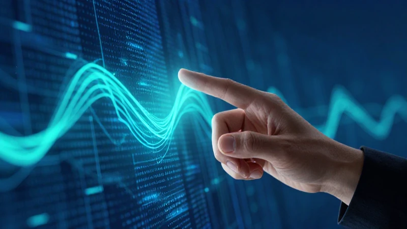 Manos interactúan con datos futuristas en azul y verde