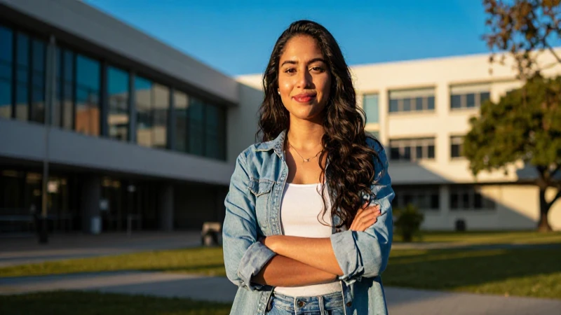 Joven mexicana exitosa en campus con iluminación dorada