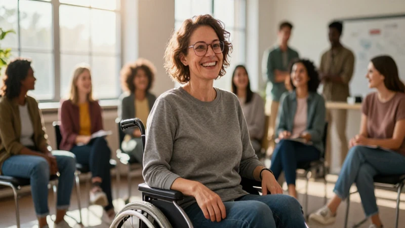 Cómo mejorar el bienestar de las personas con discapacidad 63 Adulto con discapacidad sonríe en comunidad vibrante