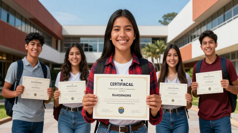 Certificados rápidos con estudiantes felices y campus modernos