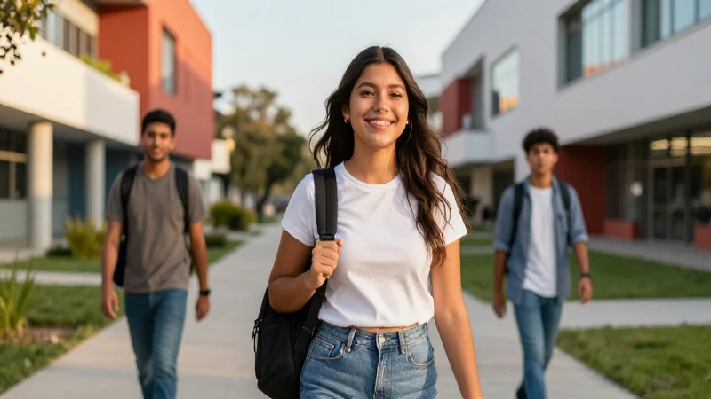 Estudiante mexicano sonríe en campus vibrante