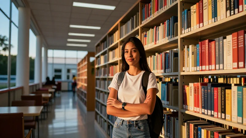Estudiante mexicana segura en biblioteca moderna