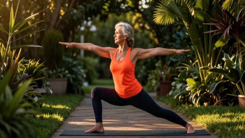 Mujer mayor haciendo yoga al aire libre