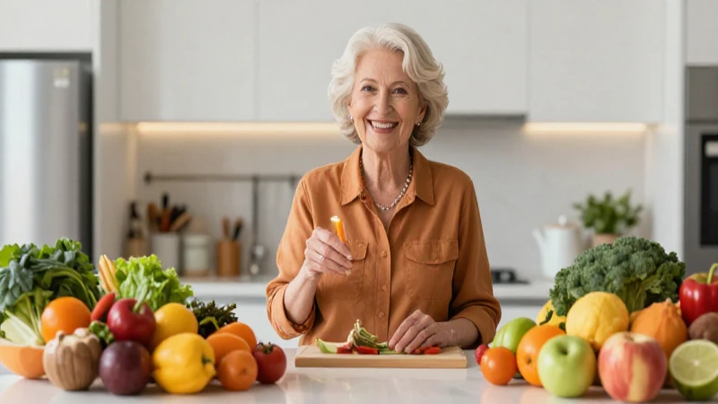 Mujer mayor sonriente en cocina moderna con frutas frescas