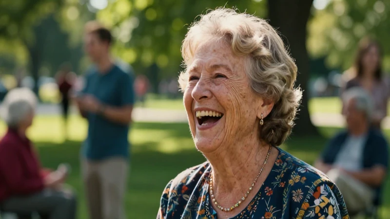 Mujer sonriente en un parque vibrante y luminoso