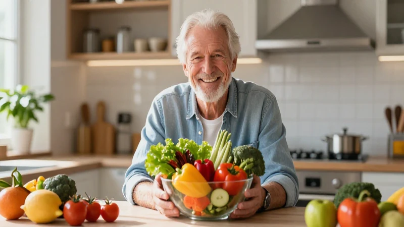 Hombre sonriente, alimentos frescos y cocina vibrante