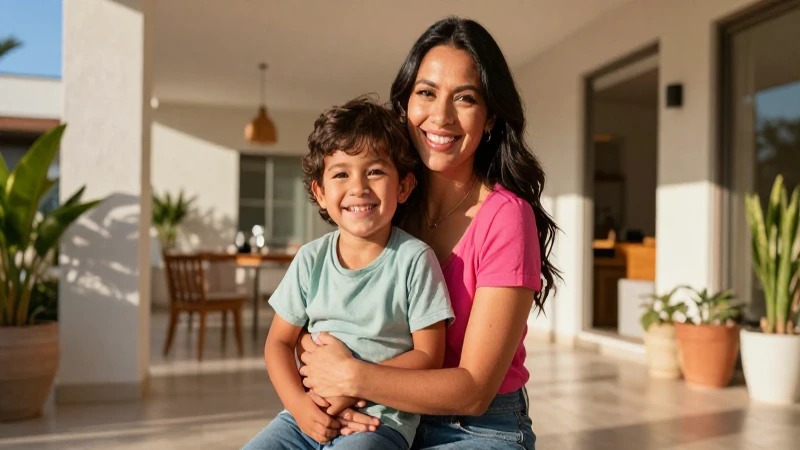 Madre fuerte y niño alegre en hogar moderno