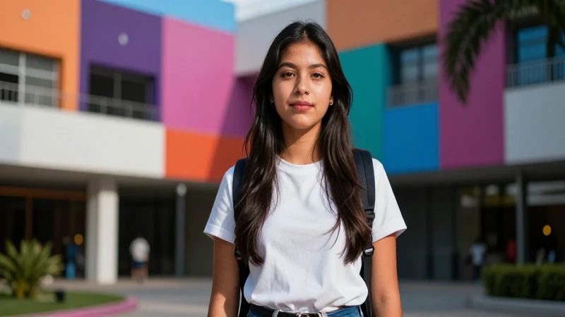 Retrato dinámico de estudiante mexicano en campus moderno