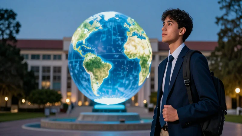 Estudiante mexicano aspiracional en campus futurista