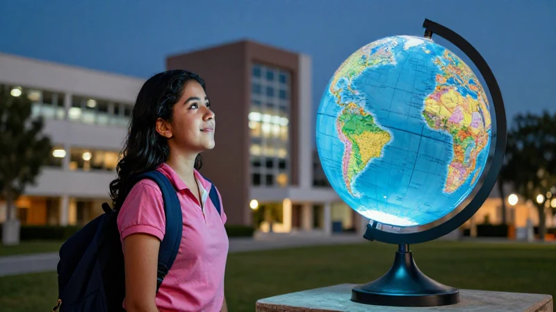Estudiante mexicano mira un globo moderno