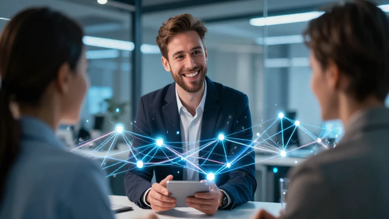 Profesional carismático con cliente sonriente en alta tecnología