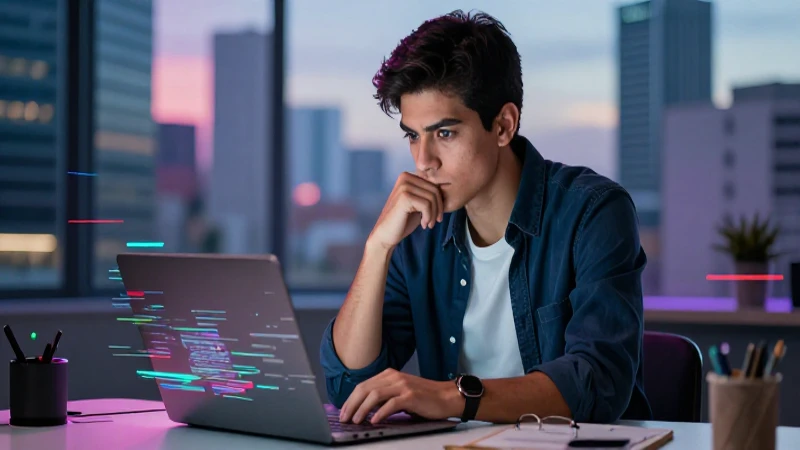 Joven mexicano reflexivo ante tecnología y ciudad