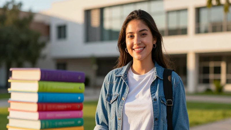 Estudiante sonriente en campus al atardecer