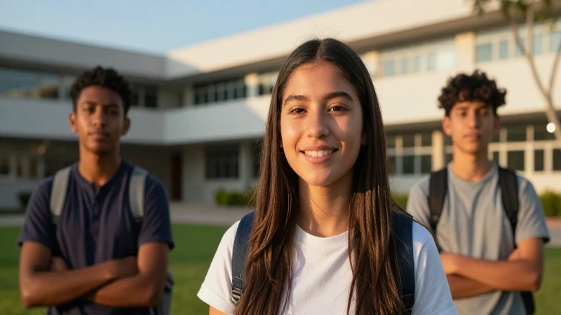 Estudiante mexicana alegre en campus iluminado