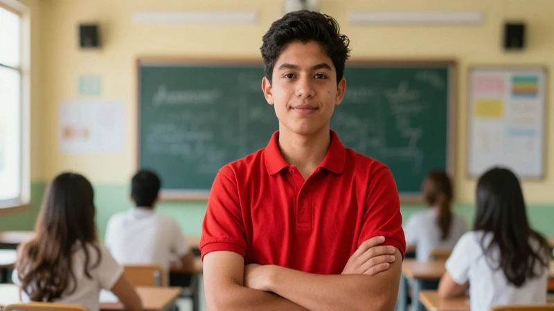 Joven estudiante mexicano con logro en aula moderna