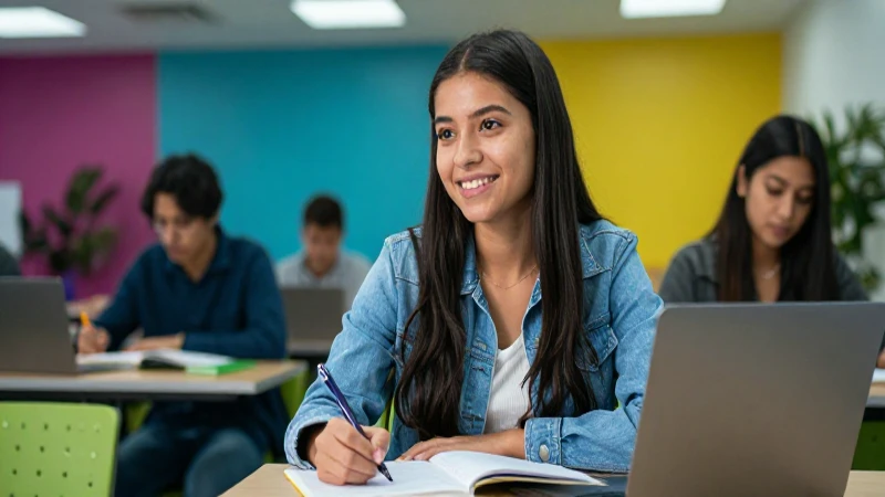 Joven estudiante mexicano estudia en campus moderno