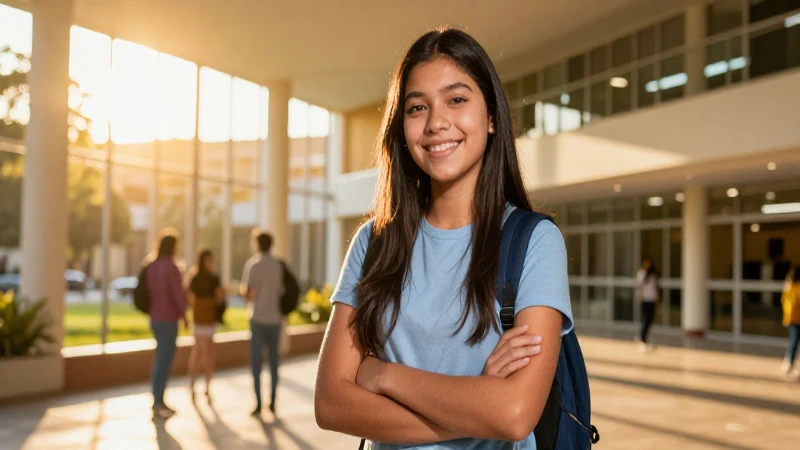 Joven mexicana sonríe en campus luminoso y moderno