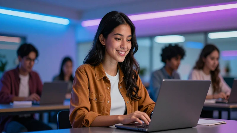 Estudiante mexicano sonriente logra éxito en campus moderno