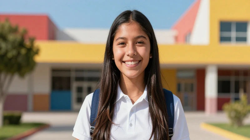 Estudiante alegre en campus escolar vibrante