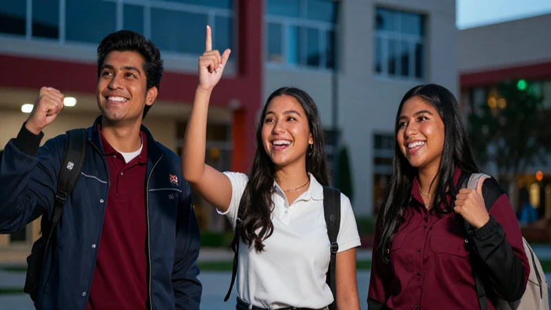Estudiantes mexicanos celebrando éxito académico en el campus moderno