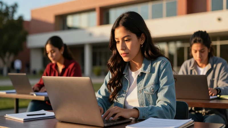 Estudiante mexicano moderno estudia en campus al atardecer