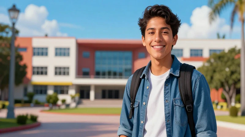 Estudiante sonriente: oportunidad en campus moderno
