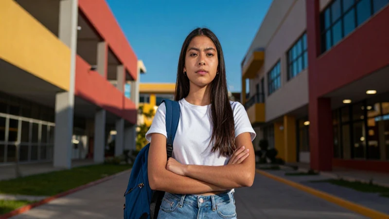 Retrato dinámico de estudiante mexicano en campus moderno