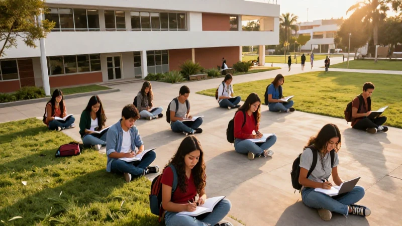 Estudiantes mexicanos en campus moderno con luz dorada