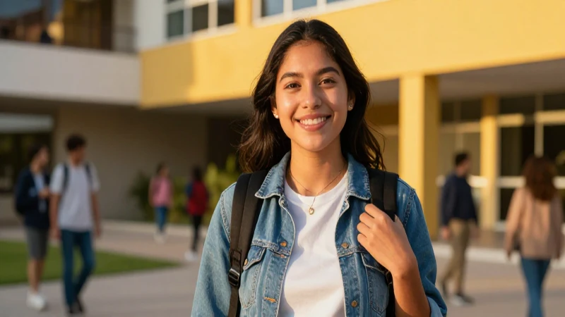 Estudiante mexicano sonriente en campus moderno y dorado