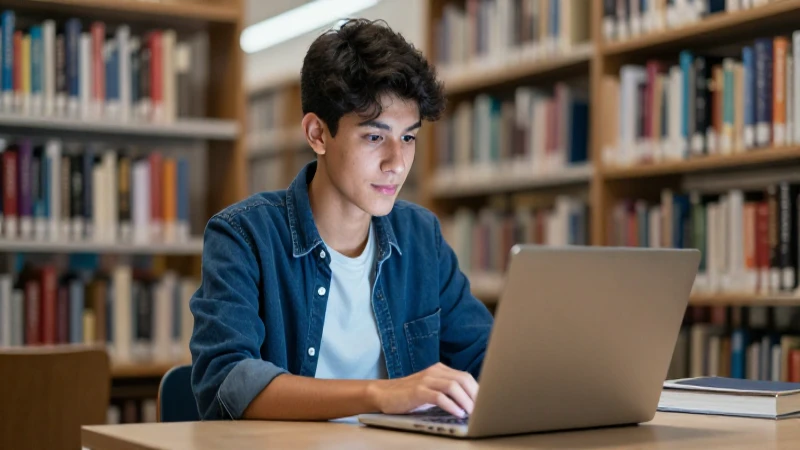 Estudiante mexicano mira laptop en biblioteca moderna