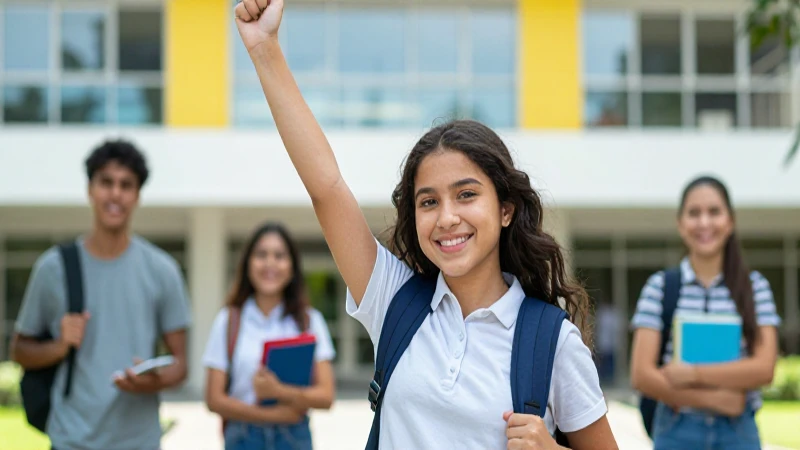Estudiante mexicana triunfante en moderno campus