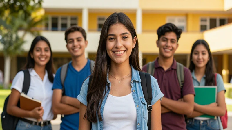 Joven mexicana sonríe en campus universitario vibrante