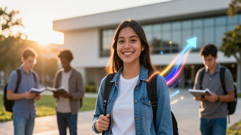 Estudiante sonríe en moderno campus universitario