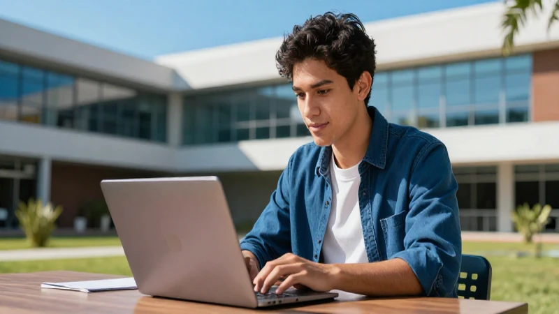 Estudiante mexicano consulta becas en campus moderno
