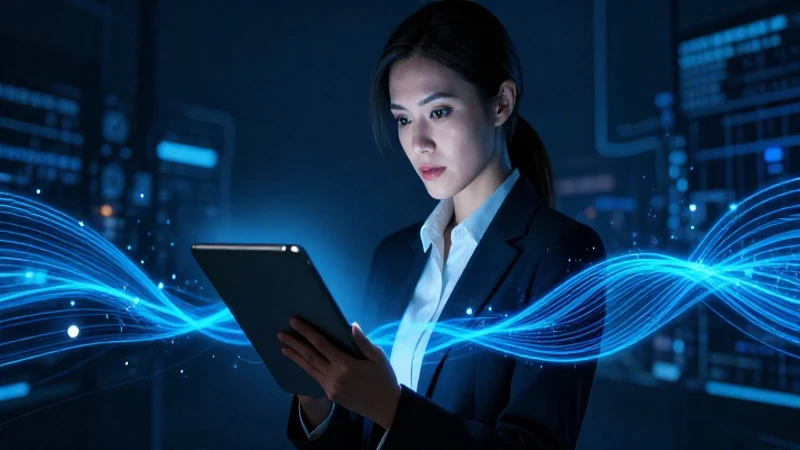 Mujer concentrada con datos vibrantes