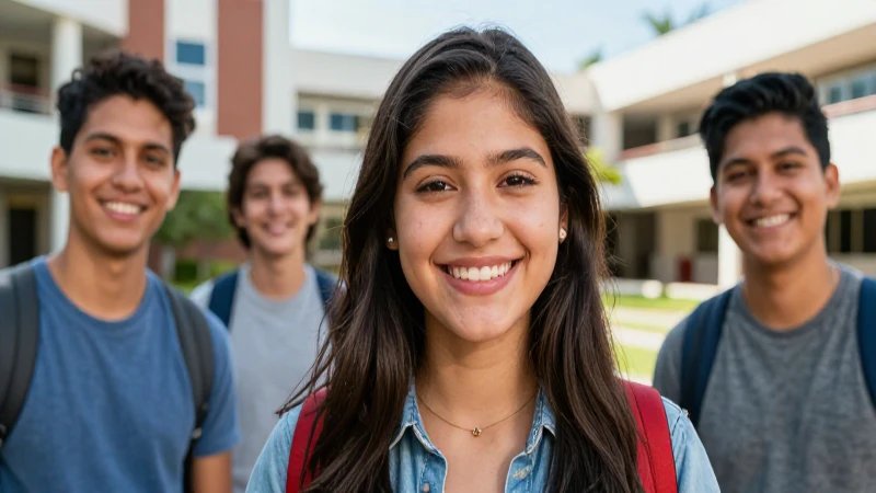 Estudiante mexicano sonríe en campus moderno y vibrante