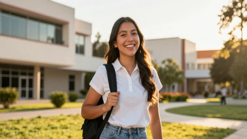 Estudiante mexicana sonriendo en campus moderno