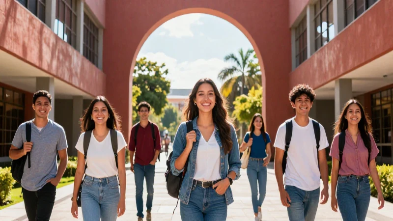 Estudiante sonriente en campus vibrante mexicano