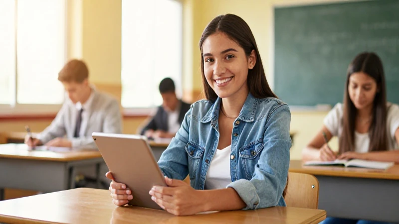 Estudiante mexicana sonriente con tablet en clase moderna