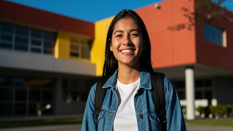 Joven mexicana sonríe feliz en campus vibrante
