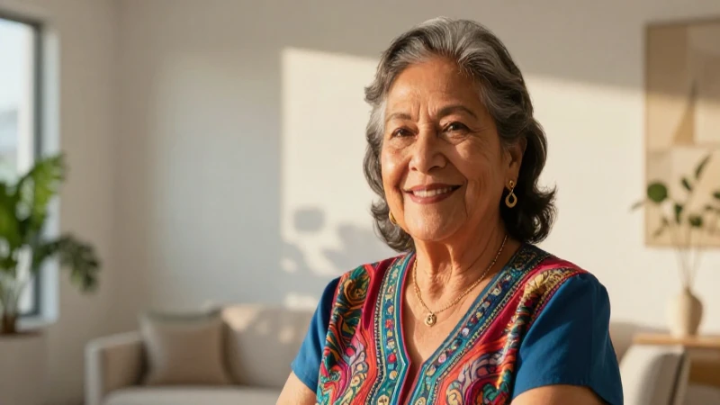 Mujer mexicana mayor sonríe en un interior moderno