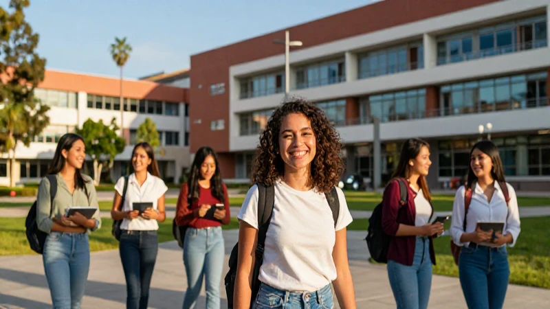 Estudiante sonriente en campus mexicano moderno